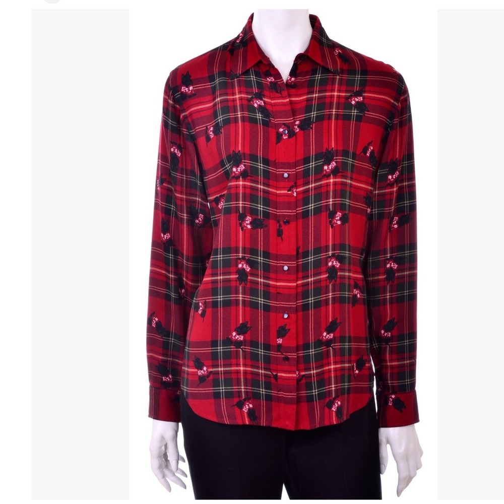 Ralph Lauren Womens Wool Flannel Button Up Shirt S Red Scottie Dog Plaid Holiday